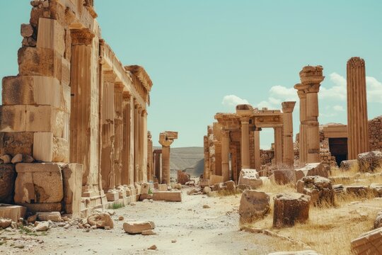 Ancient ruins of a historic cultural site - Image of the remnants of an ancient city with large columns and clear blue sky