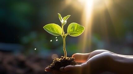 Human Hand Holding Soil with Green Plant. Earth day concept