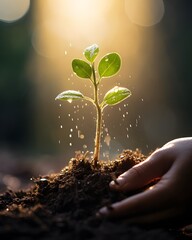 Human Hand Holding Soil with Green Plant. Earth day concept