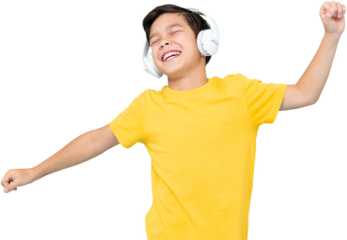 Happy mixed-race boy listening to music on headphones and dancing PNG file no background