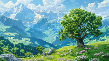 Idyllic Mountain Landscape with a Majestic Tree - A breathtaking digital painting of a vibrant mountainous landscape featuring a lone majestic tree in full bloom