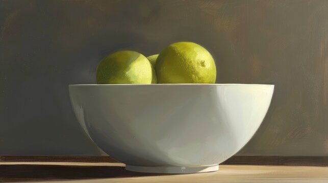 a painting of two green apples in a white bowl on a wooden table next to a brown wall and a brown background.