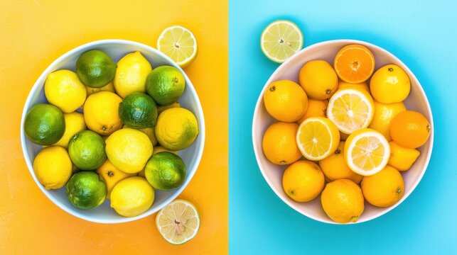 a bowl of lemons and a bowl of limes on a blue and yellow background with one bowl of lemons and the other bowl of lemons.