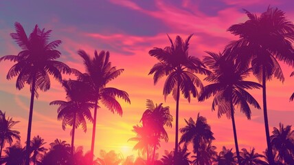 Fototapeta premium Palm trees silhouette with dramatic pink sky - The image shows palm trees outlined against a stunning pink and purple sky, suggesting a vibrant end to the day