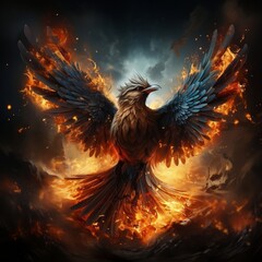An image of a burning bird flying in flame on a black background