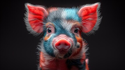 a close up of a pig's face with red, blue, and orange paint on it's face.