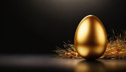 Golden easter egg on black background. Digital image, space for text. Luxury style.
