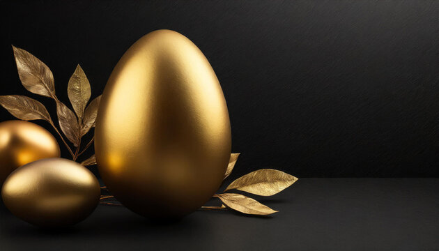 Golden easter eggs on black background. Digital image. Luxury style.