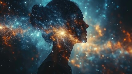 Silhouette of woman with cosmic galaxy effect - Mysterious silhouette of a woman's profile against a mesmerizing backdrop of a deep space galaxy, sparking imagination and creativity - obrazy, fototapety, plakaty