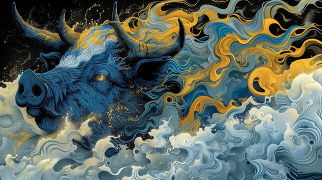 a painting of a bull with yellow, blue, and white swirls on it's face and body.