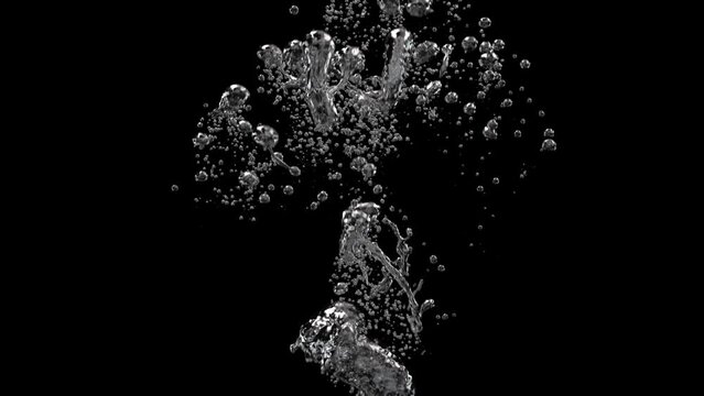 Slow motion air bubbles in water rising up to the surface on isolated black background with alpha