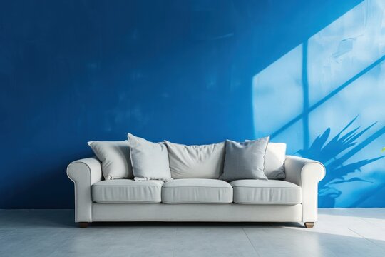 A white couch is sitting in front of a blue wall. The couch is empty and the room is very clean