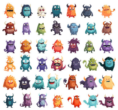 Cartoon fluffy monsters. Funny party aliens, small comic animals, virus and bacteria cute characters vector illustrations