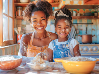 A mother with warm brown skin and her little daughter has a baking fun celebrating Mother's Day in sunlight kitchen. Family traditions, shared activities with children and backing concept.