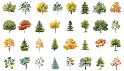 Cartoon forest plants collection. Bushes and trees symbols isolated on white, oak spruce pine aspen linden willow willow rowan - obrazy, fototapety, plakaty