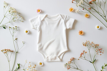 Mockup of white baby bodysuit on white background with greenery herbal floral decorations. Blank baby clothes template, flat lay. White empty baby body suit mock up.