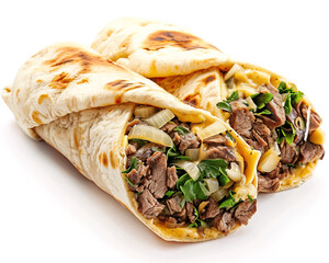 Lavash Philly cheesesteak wrap with steak and onions isolated on white.