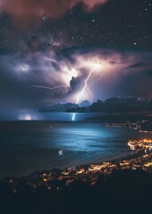 Naklejka na ściany i meble Electric Night by the Water - Dramatic lightning strikes over a coastal town, where the energy of a thunderstorm meets the tranquility of the water