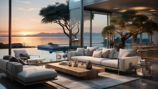 Villa de luxe avec terrasse et baie vitr&eacute;e panoramique avec vue imprenable sur la mer. Design int&eacute;rieur d&rsquo;un salon moderne.