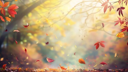 Colorful autumn leaves falling gracefully in a park with a blurred bokeh background, capturing the essence of the fall season