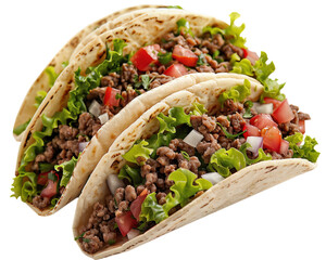 Lavash tacos with beef, lettuce, and salsa isolated on white.