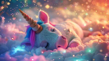 A cute little unicorn sleeping on the clouds, surrounded by glowing stars and colorful lights, with a fluffy plush texture style, dreamy colors, generated with AI