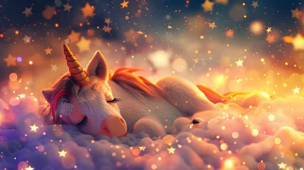 Fotobehang A cute little unicorn sleeping on the clouds, surrounded by glowing stars and colorful lights, with a fluffy plush texture style, dreamy colors, generated with AI © sch_ai