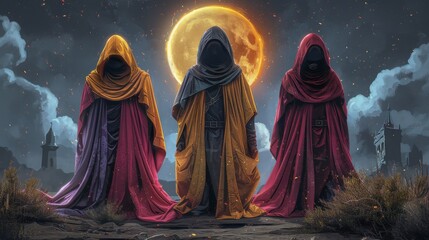 a group of three hooded monks standing in front of a full moon with a full moon in the sky behind them. - obrazy, fototapety, plakaty