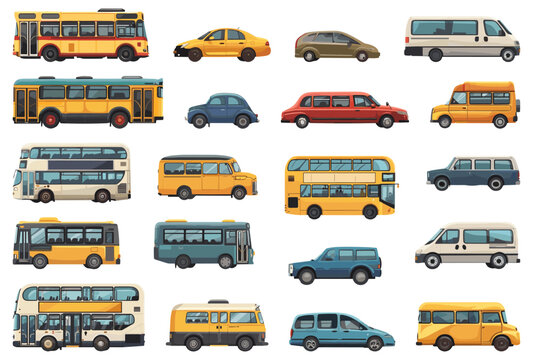 Fototapeta Cartoon town transportation. City vehicles isolated, transport sets, urban buses and cars side view