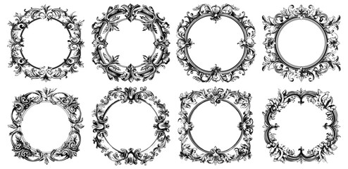 Circle engraving frames. Vintage flourish calligraphic round frame set, etching ornamental wreaths isolated, baroque ornate decorative flourishes border circles