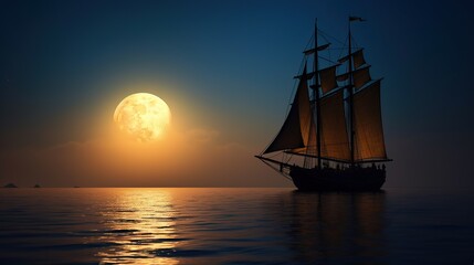 Sailboat on the sea in the light of the full moon. 3D Rendering