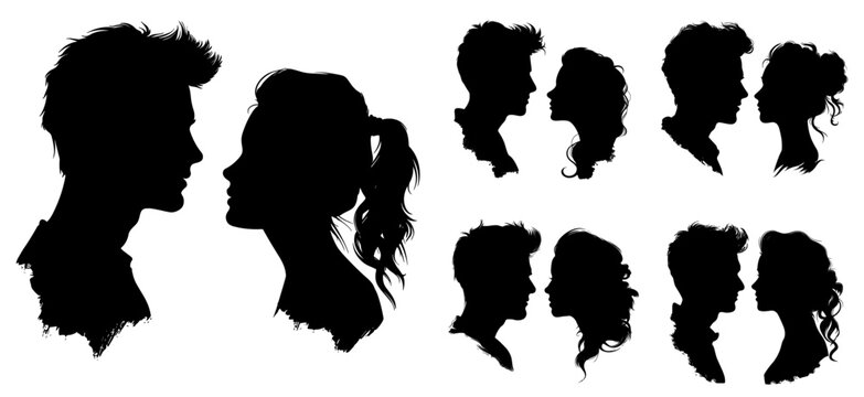 Couple Faces Silhouettes. Sensual Man And Woman Heads Profile, Male And Female Near Scene Outline Vector Graphics Isolated On White