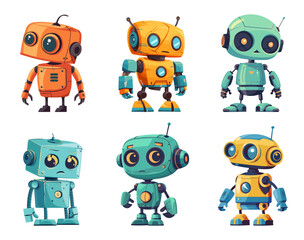 Cute little robot. Cartoon futuristic fun androids isolated, sweet naive robotics toys, small cyborg children set on white