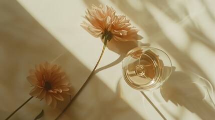 a close up of two flowers in a glass vase with a shadow from the sun on the wall behind them.