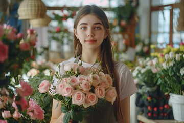 Portrait of young female florist with bouquet of fresh flowers looking at camera in flower shop