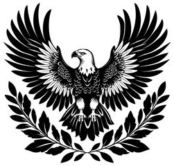 Obraz premium Eagle coat of arms. Bald eagles bird with open wings and claws black silhouette on white, imperial miltary tattoo heraldic symbol