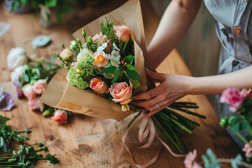 Female florist wrapping in craft paper bouquet of rose flowers in flower shop