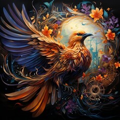An oil painting of a colorful bird with a fiery tail