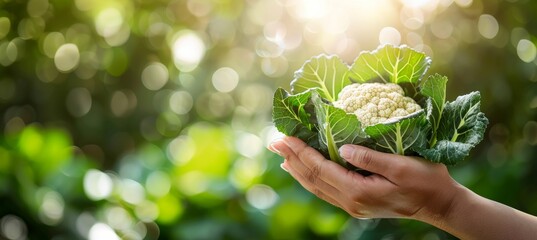 Hand holding fresh cauliflower with selection on blurred background for text placement