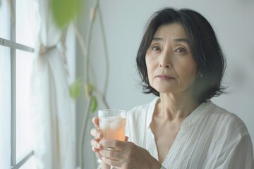 A middle-aged Asian woman holds a glass of liquid soluble collagen in her hands. Skin care. Vitamins. Korean Health Drink. Supplements - obrazy, fototapety, plakaty