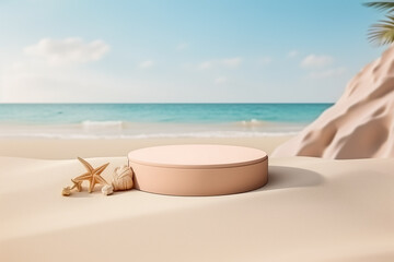 Fototapeta na wymiar Beach with sand and sky. Summer product podium background
