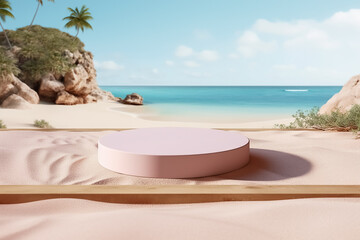 Fototapeta na wymiar Beach with sand and sky Product pink podium background