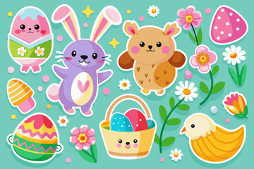 easter stickers for kids on white background, vector illustration 