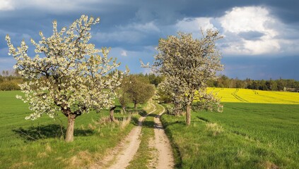 Alley flowering cherry trees dirt road field rapeseed - 760861790