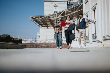 A dynamic trio of young business associates engaged in a strategic discussion while walking in a downtown city environment, illustrating teamwork and collaboration.