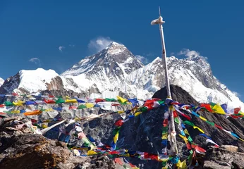 Stof per meter Lhotse Mount Everest and Lhotse with buddhist prayer flags