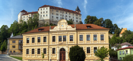 Fototapeta na wymiar Vimperk castle and Vimperk gymnasium, Czech Republic