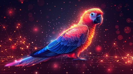 a colorful parrot sitting on top of a table next to a red and blue background with a lot of stars.