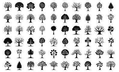 Tree black icons. Abstract trees silhouettes on white, oak spruce pine poplar linden ash willow plants simple decoration shapes, graphics collection