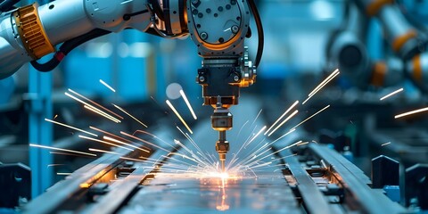 The Virtuous Work of a Welding Robot in an Automotive Assembly Line. Concept Robotics, Automotive Industry, Welding Technology, Automation, Manufacturing Processes - obrazy, fototapety, plakaty